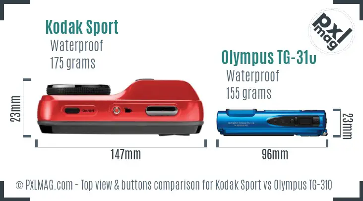 Kodak Sport vs Olympus TG-310 top view buttons comparison Kodak Sport vs Olympus TG-310 top view buttons comparison