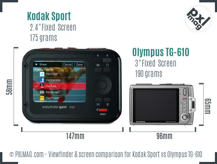 Kodak Sport vs Olympus TG-610 Screen and Viewfinder comparison