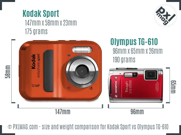 Kodak Sport vs Olympus TG-610 size comparison