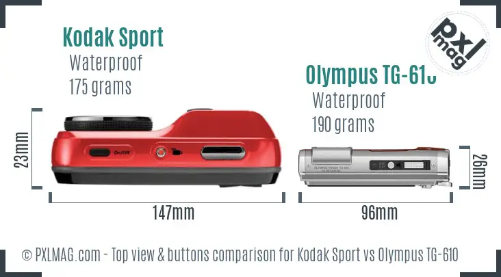 Kodak Sport vs Olympus TG-610 top view buttons comparison