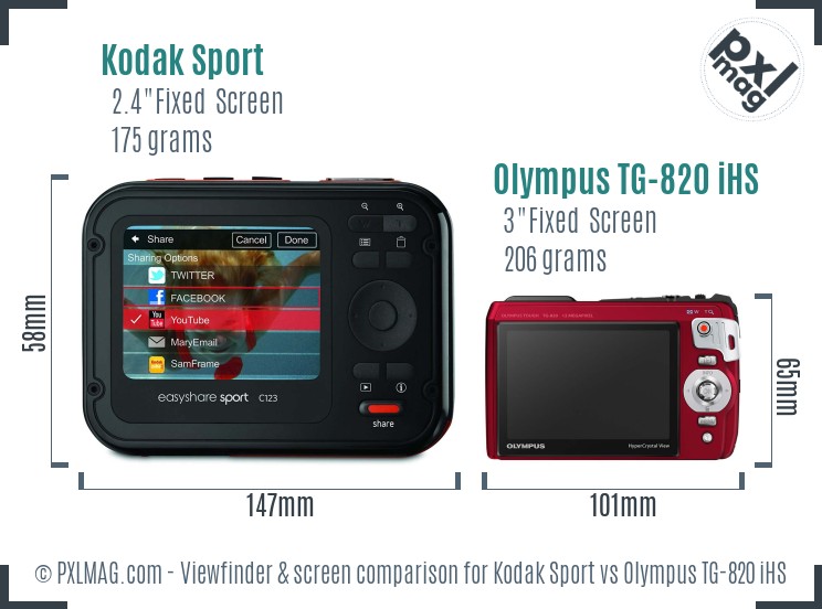 Kodak Sport vs Olympus TG-820 iHS Screen and Viewfinder comparison