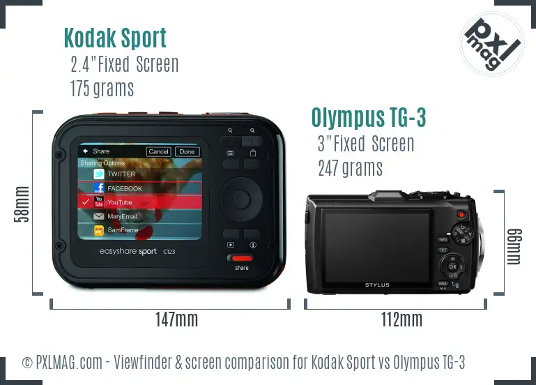 Kodak Sport vs Olympus TG-3 Screen and Viewfinder comparison