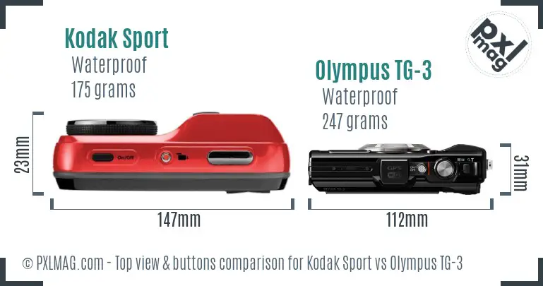Kodak Sport vs Olympus TG-3 top view buttons comparison