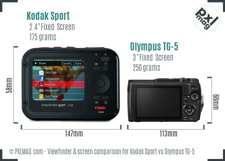 Kodak Sport vs Olympus TG-5 Screen and Viewfinder comparison