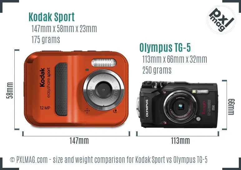 Kodak Sport vs Olympus TG-5 size comparison