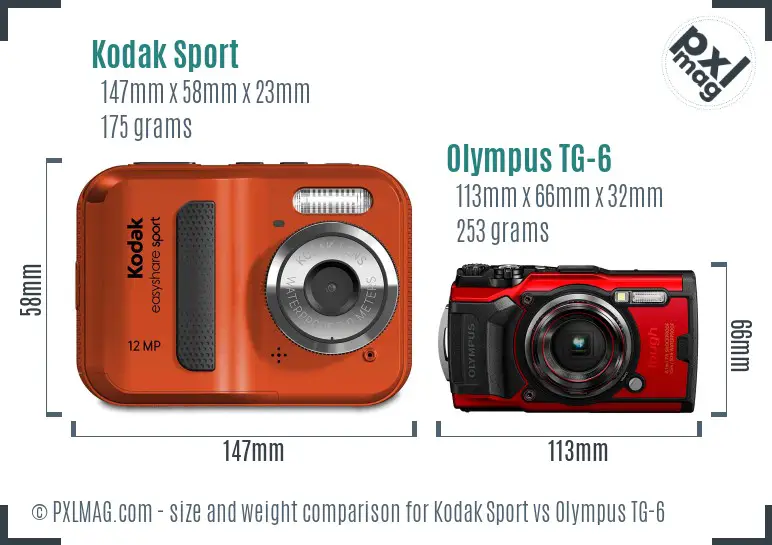 Kodak Sport vs Olympus TG-6 size comparison