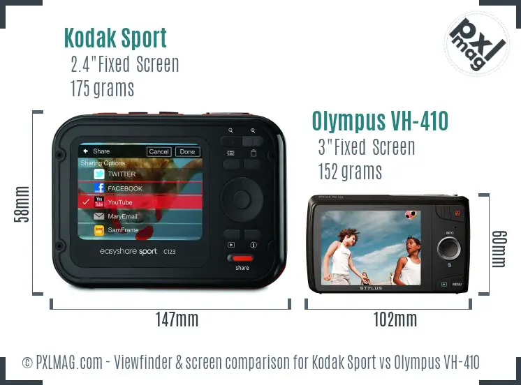 Kodak Sport vs Olympus VH-410 Screen and Viewfinder comparison