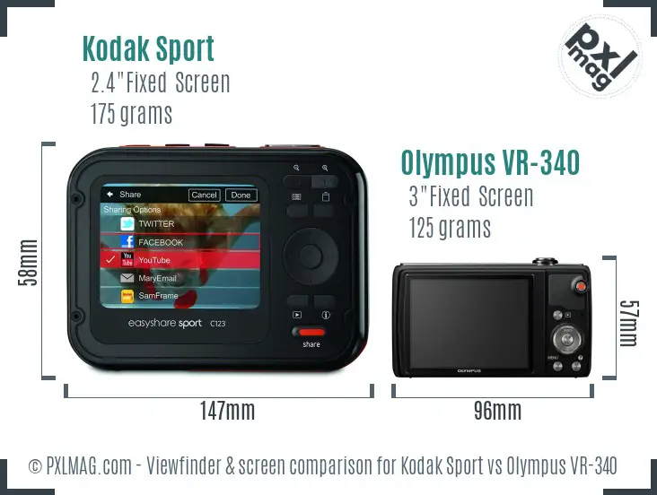 Kodak Sport vs Olympus VR-340 Screen and Viewfinder comparison