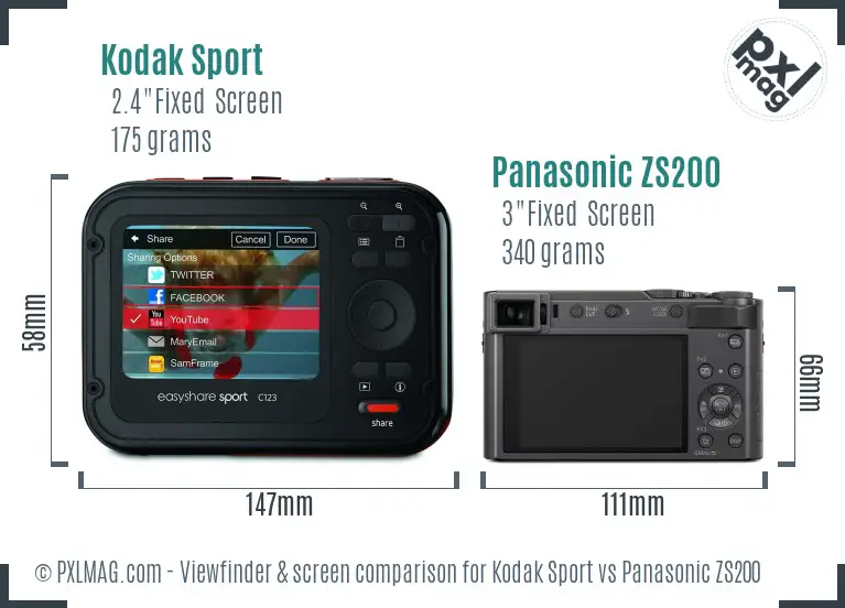 Kodak Sport vs Panasonic ZS200 Screen and Viewfinder comparison