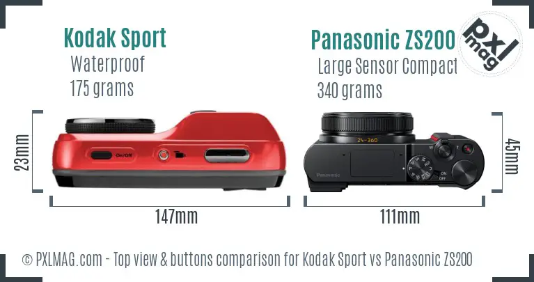 Kodak Sport vs Panasonic ZS200 top view buttons comparison