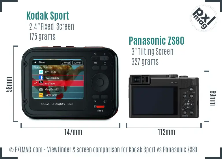 Kodak Sport vs Panasonic ZS80 Screen and Viewfinder comparison