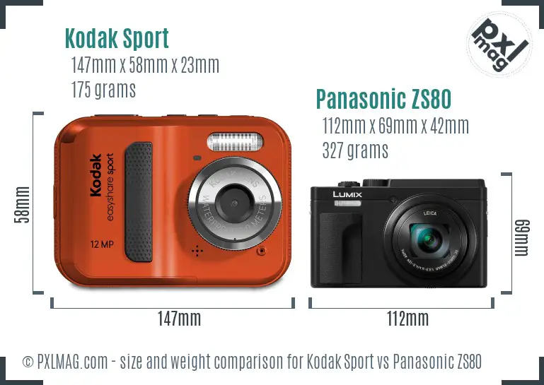 Kodak Sport vs Panasonic ZS80 size comparison