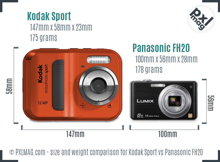 Kodak Sport vs Panasonic FH20 size comparison