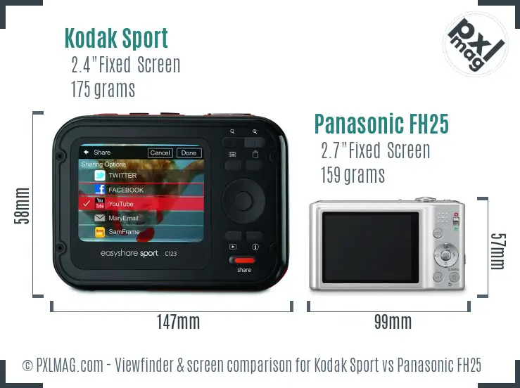 Kodak Sport vs Panasonic FH25 Screen and Viewfinder comparison