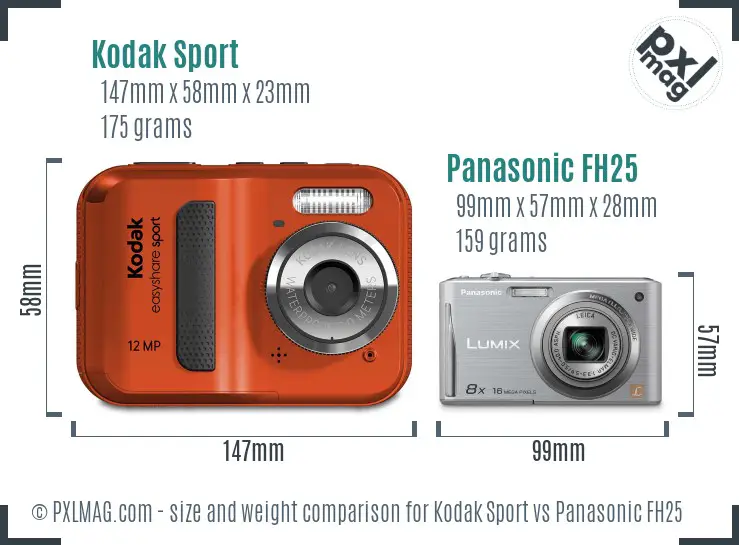 Kodak Sport vs Panasonic FH25 size comparison