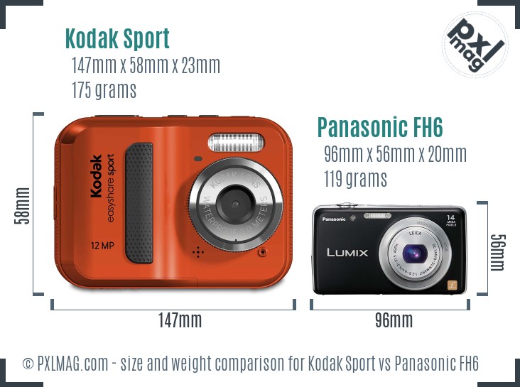 Kodak Sport vs Panasonic FH6 size comparison