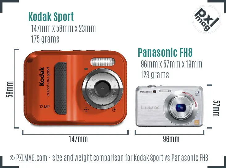 Kodak Sport vs Panasonic FH8 size comparison