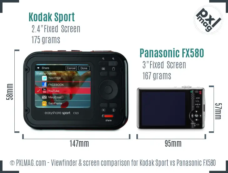 Kodak Sport vs Panasonic FX580 Screen and Viewfinder comparison