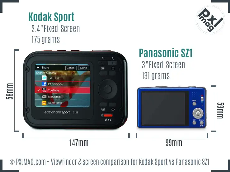 Kodak Sport vs Panasonic SZ1 Screen and Viewfinder comparison