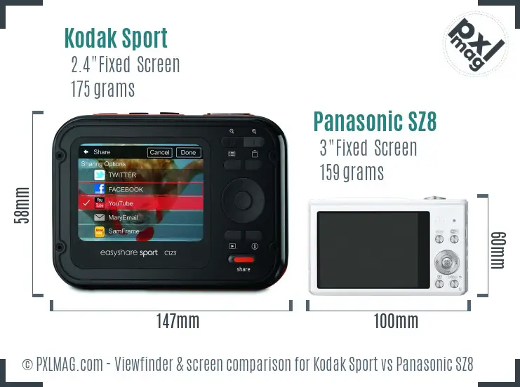 Kodak Sport vs Panasonic SZ8 Screen and Viewfinder comparison