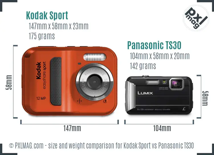 Kodak Sport vs Panasonic TS30 size comparison