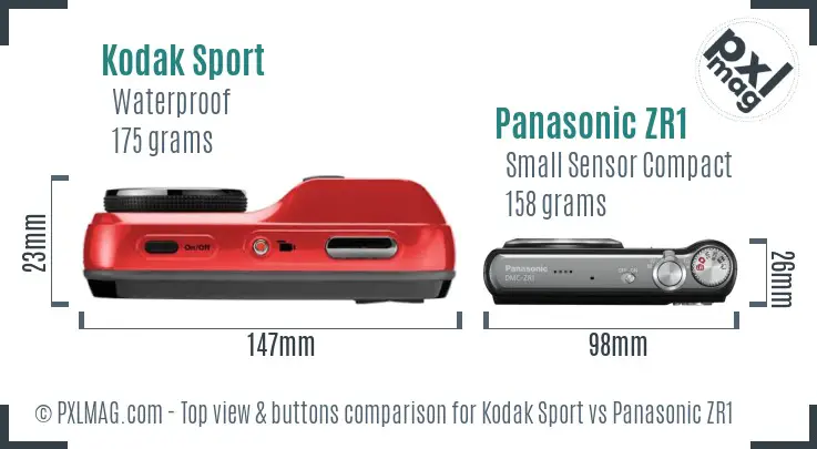 Kodak Sport vs Panasonic ZR1 top view buttons comparison