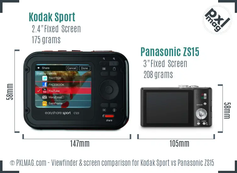 Kodak Sport vs Panasonic ZS15 Screen and Viewfinder comparison