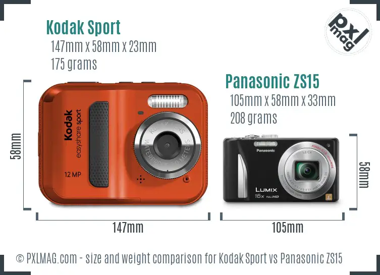 Kodak Sport vs Panasonic ZS15 size comparison