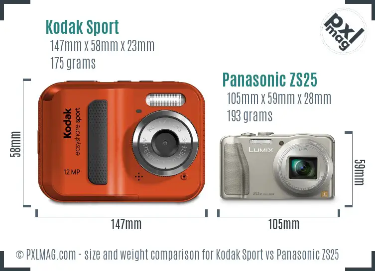 Kodak Sport vs Panasonic ZS25 size comparison