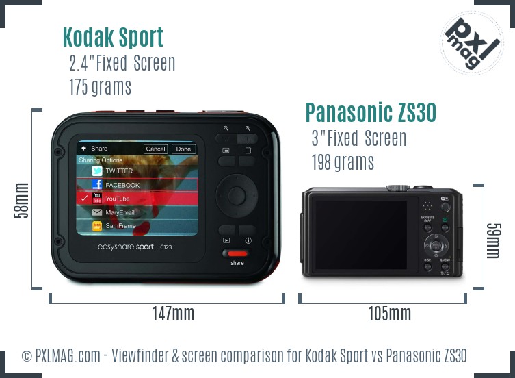 Kodak Sport vs Panasonic ZS30 Screen and Viewfinder comparison