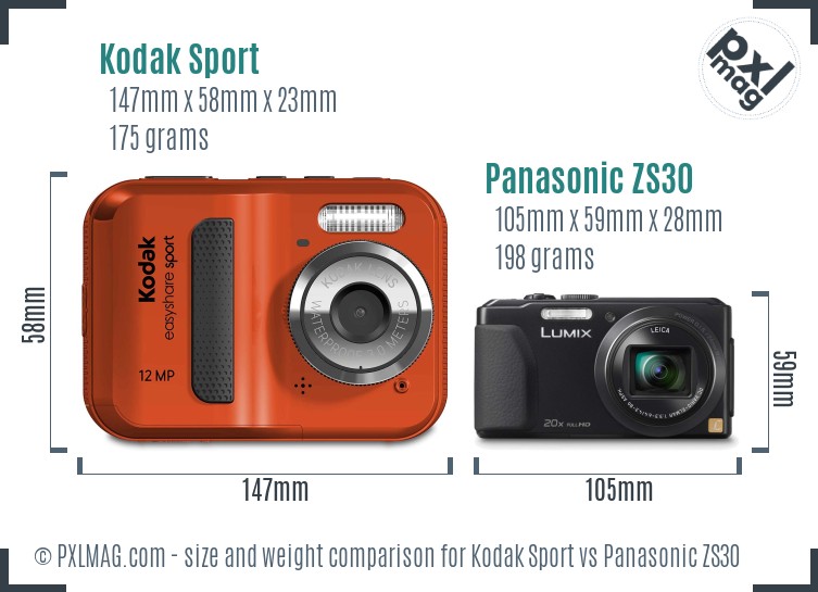 Kodak Sport vs Panasonic ZS30 size comparison