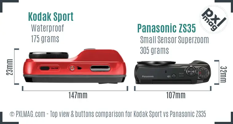 Kodak Sport vs Panasonic ZS35 top view buttons comparison Kodak Sport vs Panasonic ZS35 top view buttons comparison