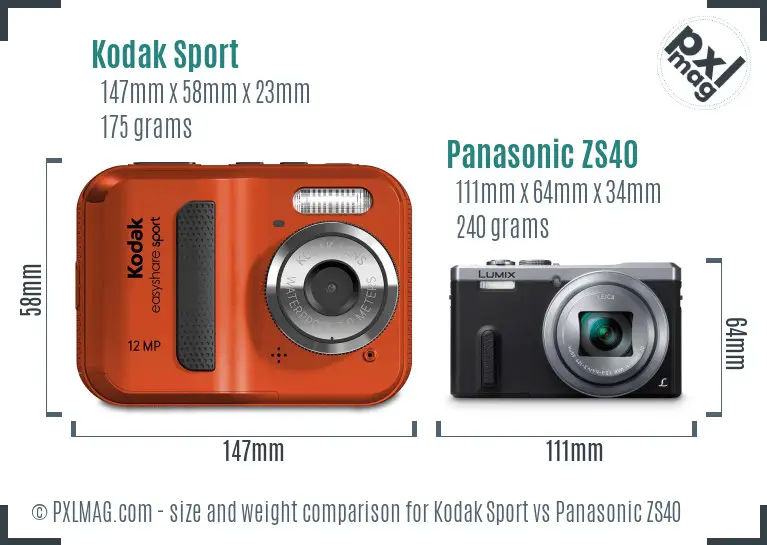 Kodak Sport vs Panasonic ZS40 size comparison