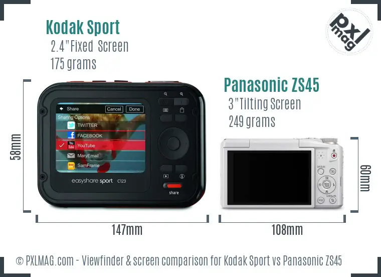 Kodak Sport vs Panasonic ZS45 Screen and Viewfinder comparison