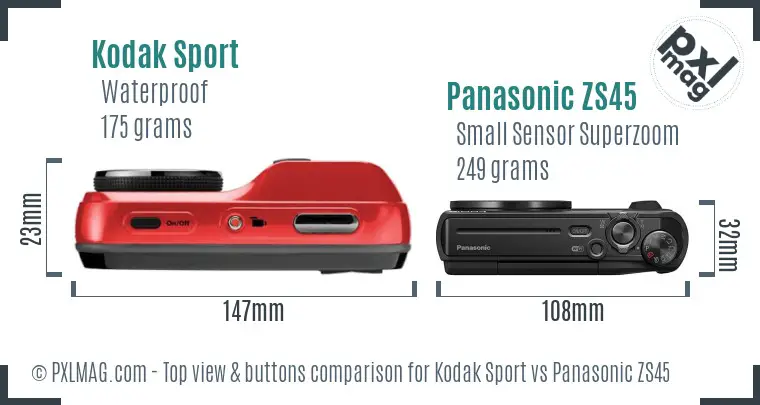Kodak Sport vs Panasonic ZS45 top view buttons comparison