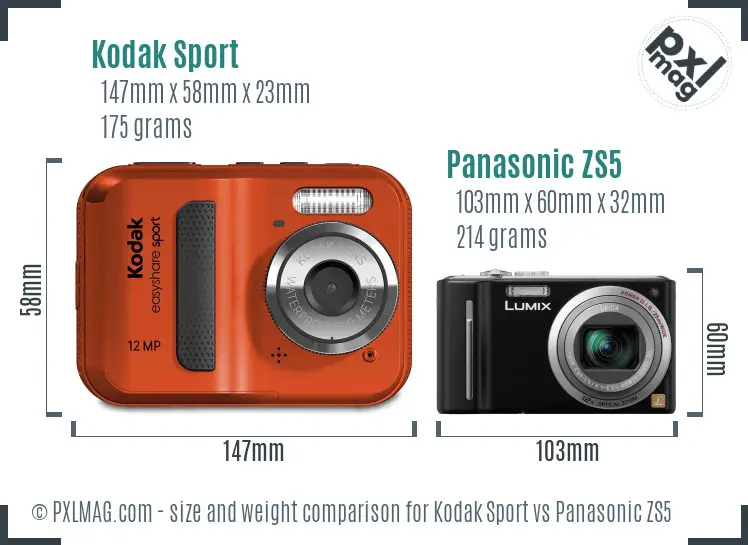 Kodak Sport vs Panasonic ZS5 size comparison
