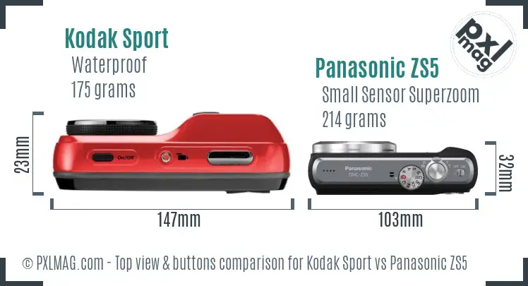 Kodak Sport vs Panasonic ZS5 top view buttons comparison