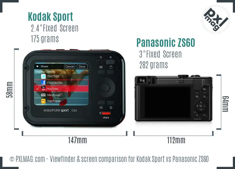 Kodak Sport vs Panasonic ZS60 Screen and Viewfinder comparison