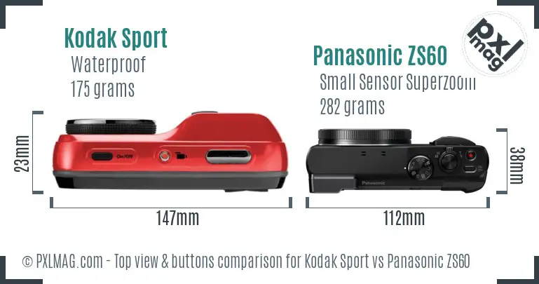 Kodak Sport vs Panasonic ZS60 top view buttons comparison