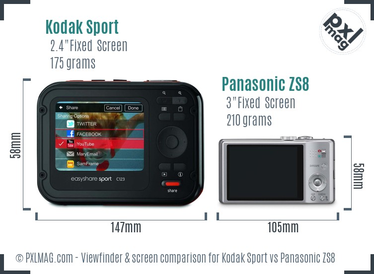 Kodak Sport vs Panasonic ZS8 Screen and Viewfinder comparison