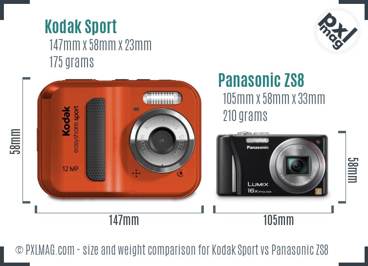 Kodak Sport vs Panasonic ZS8 size comparison