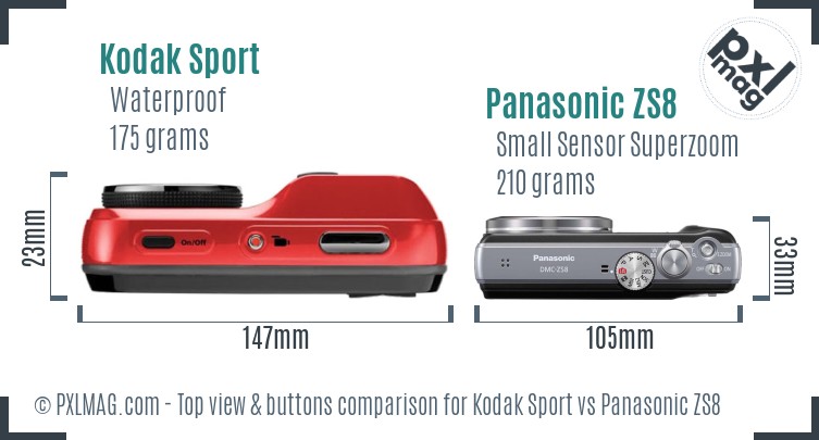 Kodak Sport vs Panasonic ZS8 top view buttons comparison