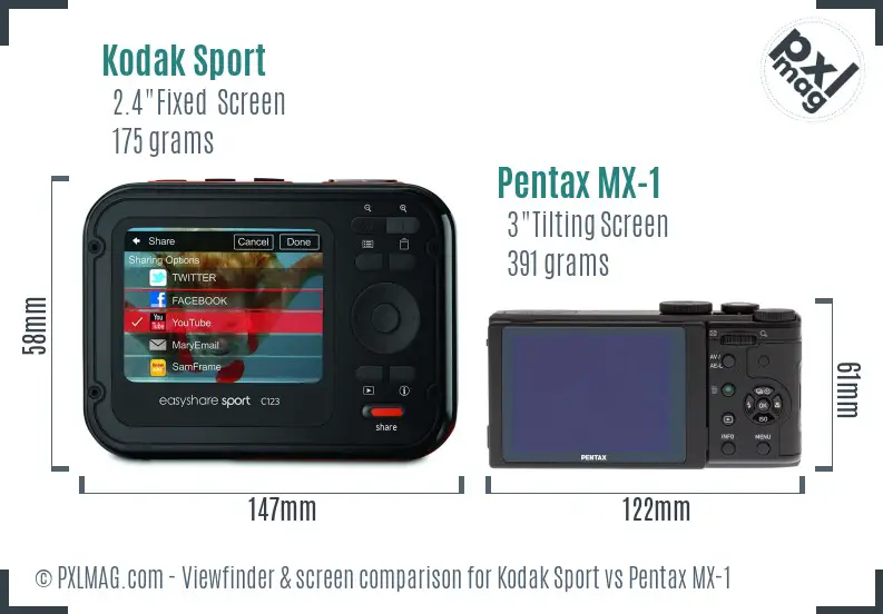 Kodak Sport vs Pentax MX-1 Screen and Viewfinder comparison
