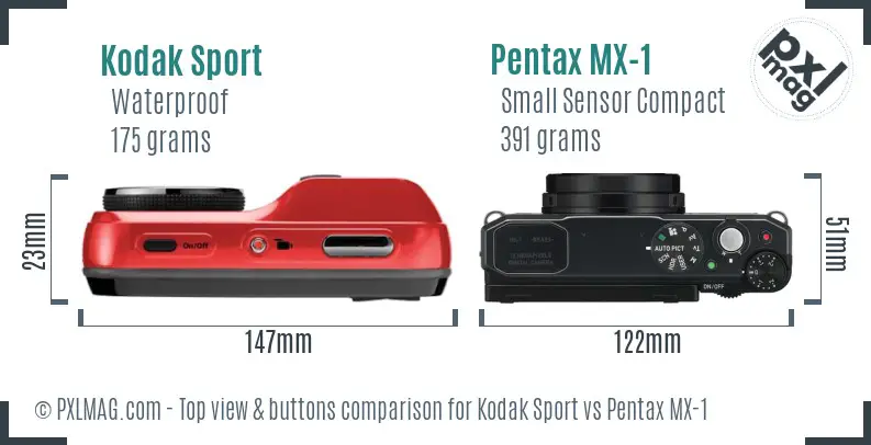 Kodak Sport vs Pentax MX-1 top view buttons comparison
