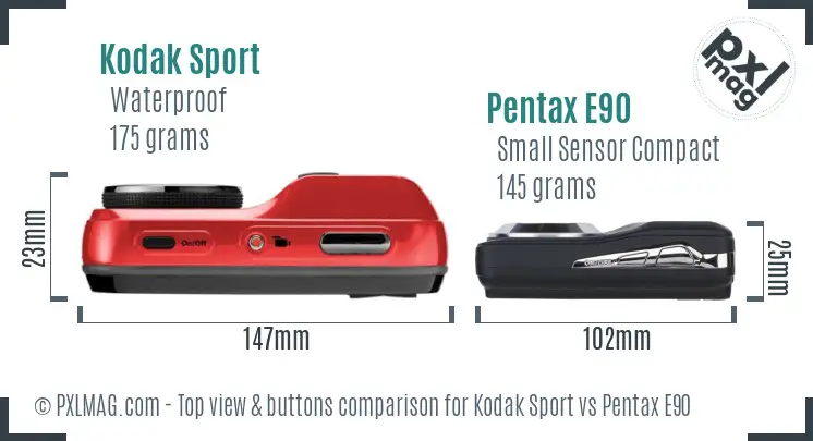 Kodak Sport vs Pentax E90 top view buttons comparison