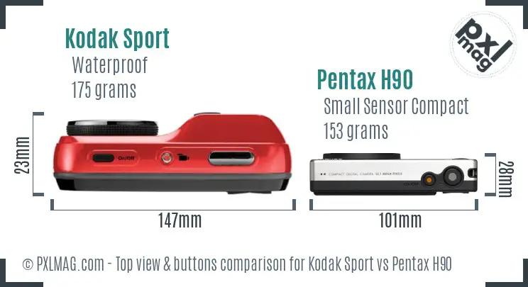 Kodak Sport vs Pentax H90 top view buttons comparison