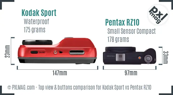 Kodak Sport vs Pentax RZ10 top view buttons comparison