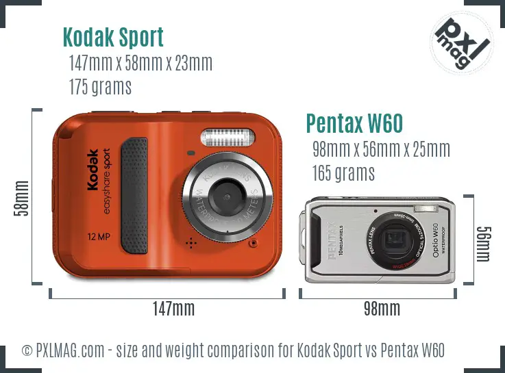 Kodak Sport vs Pentax W60 size comparison