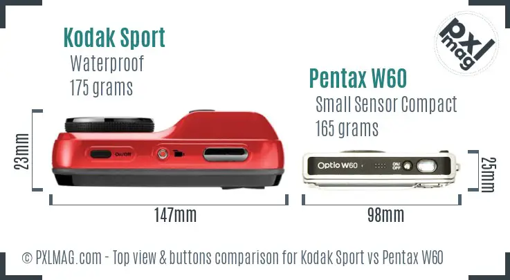 Kodak Sport vs Pentax W60 top view buttons comparison