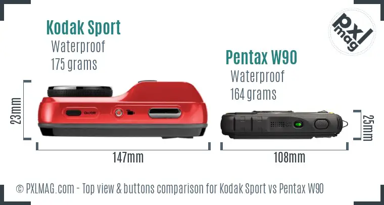 Kodak Sport vs Pentax W90 top view buttons comparison Kodak Sport vs Pentax W90 top view buttons comparison